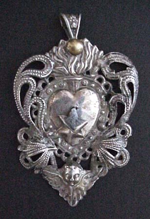 Antique Spanish Colonial Silver Ex Voto Pendant - Sacred Heart